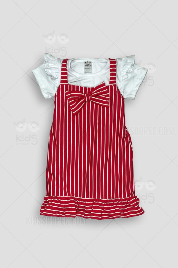 Vestido Infantil de Rayas Rojas y Blancas con Lazo y Blusa