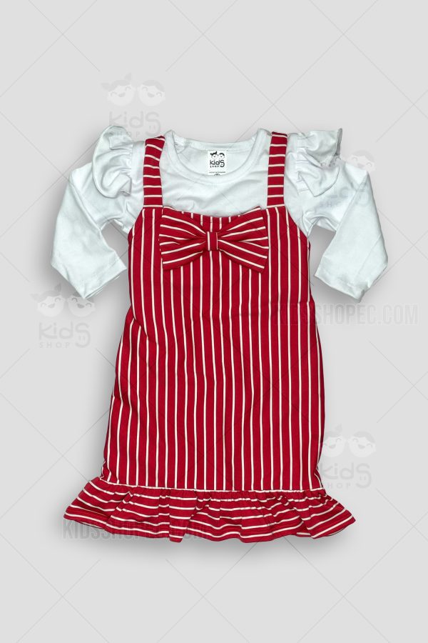 Vestido Infantil de Rayas Rojas y Blancas con Lazo y Blusa - Imagen 4