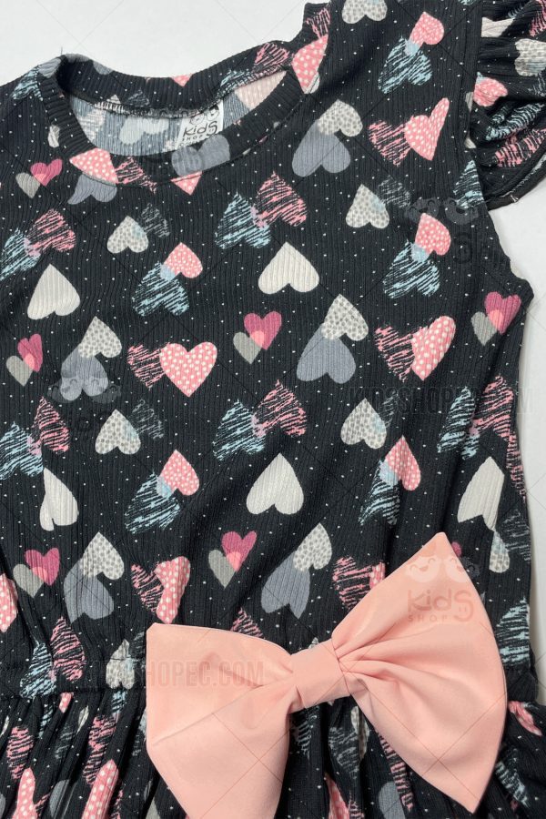 Vestido Infantil con corazones de manga corta y lazo en la cintura. - Imagen 3