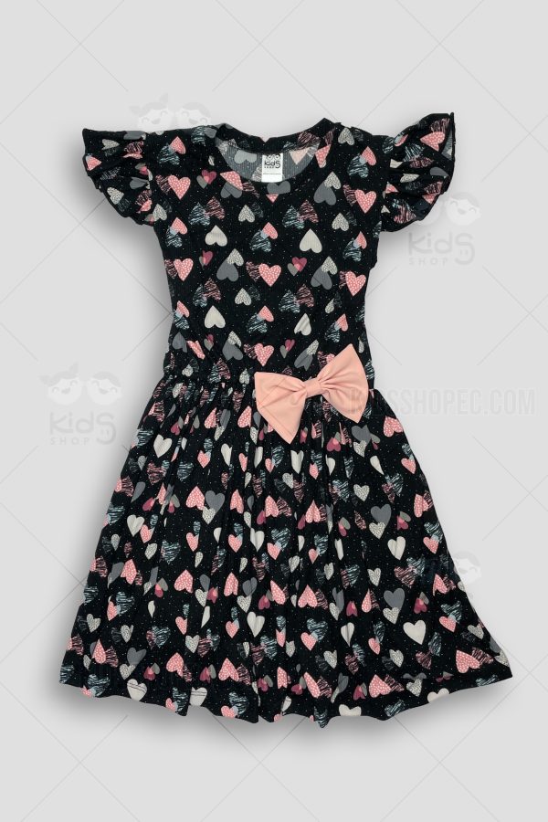 Vestido Infantil con corazones de manga corta y lazo en la cintura.