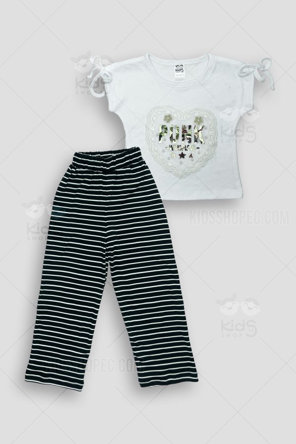 Conjunto Infantil de Camiseta Blanca con Aplique y Pantalones de Rayas