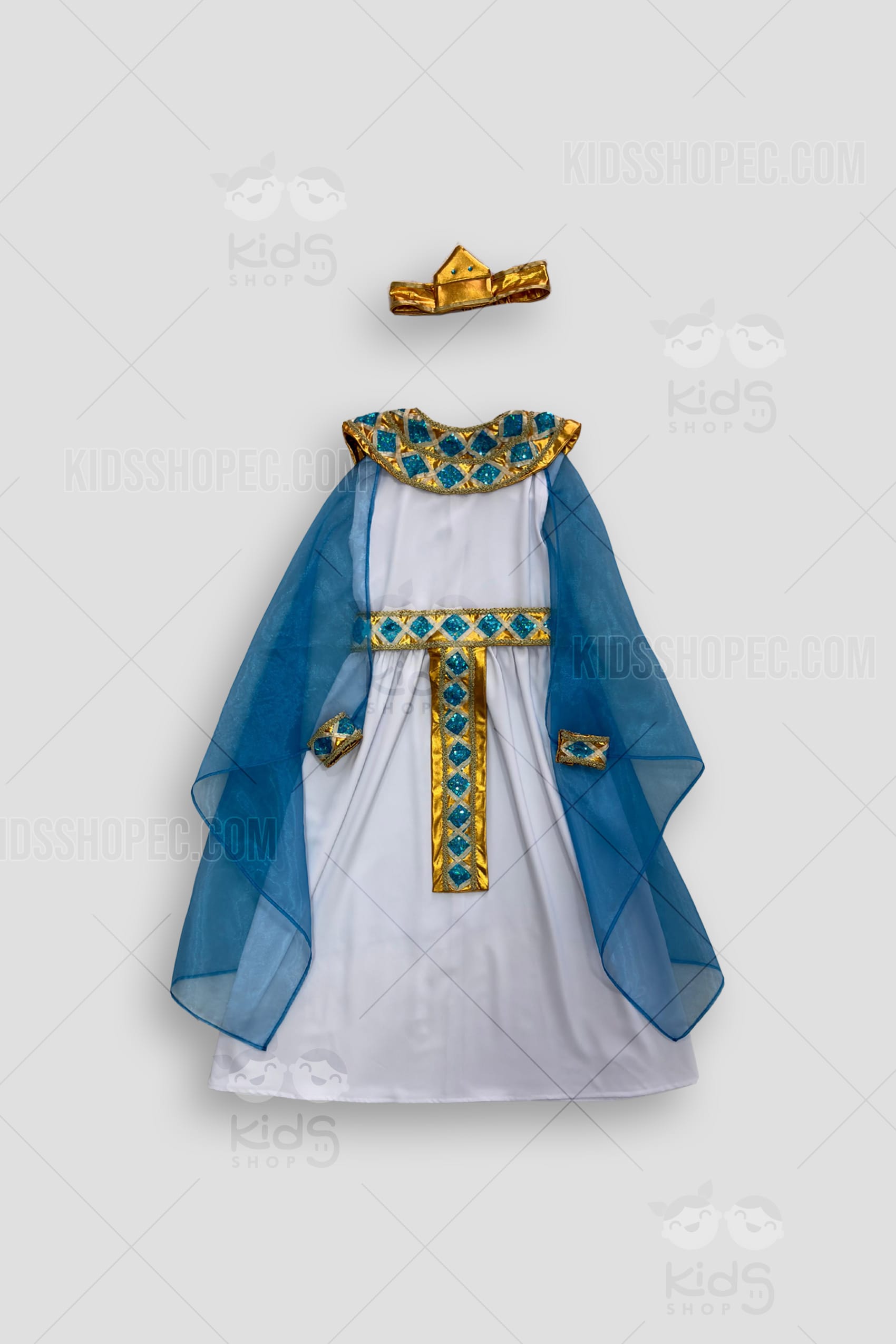 Vestido de túnica blanco con collar ancho pectoral dorado y turquesa, cinturón egipcio y tocado piramidal. Esta mudada de Cleopatra para niñas es confeccionada a medida en Ecuador por Kids Shop EC con detalles de lujo.