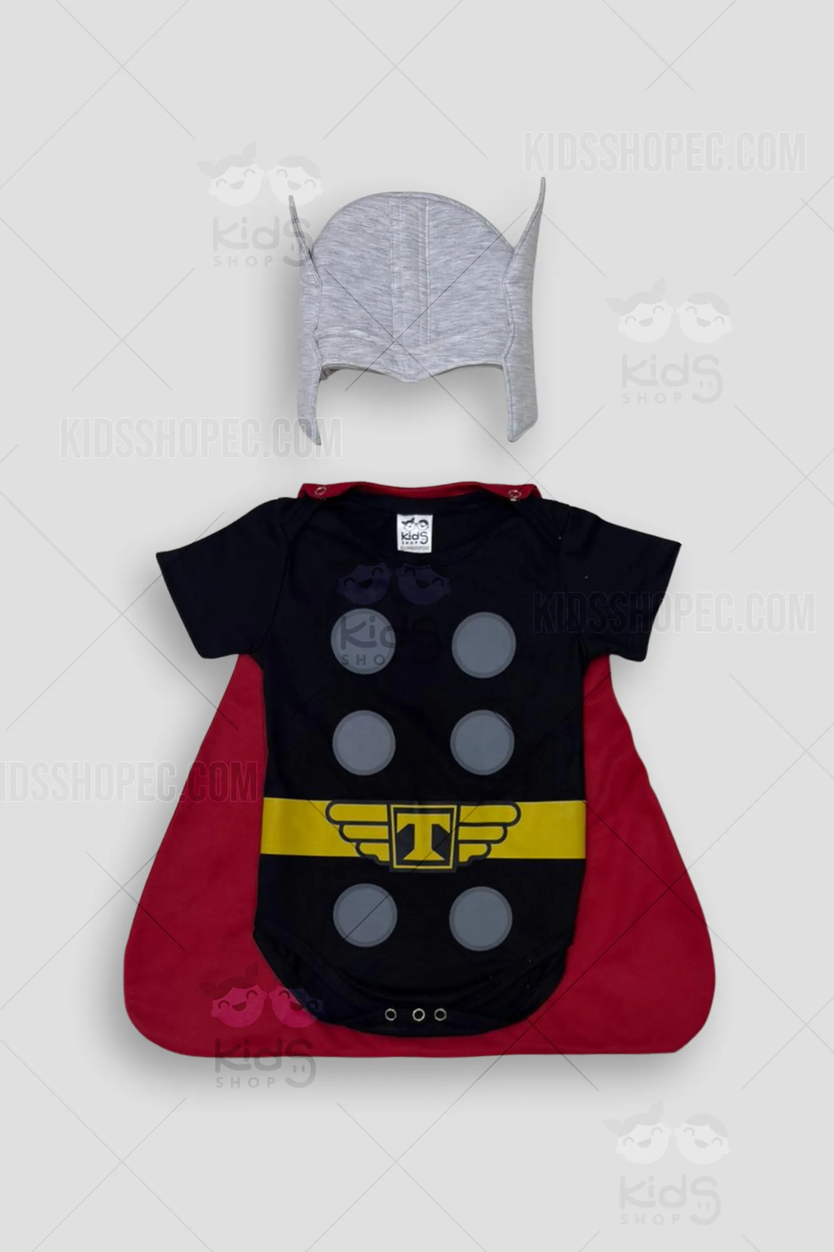 Disfraz artesanal de Thor para bebé en color gris vibrante. Incluye mameluco acolchado con ojo bordado, gorro con cuernos, camiseta de manga larga y pantalón. Esta mudada temática de Monsters, Inc. es confeccionada a medida en Ecuador por Kids Shop EC para sesiones fotográficas y cumpleaños.
