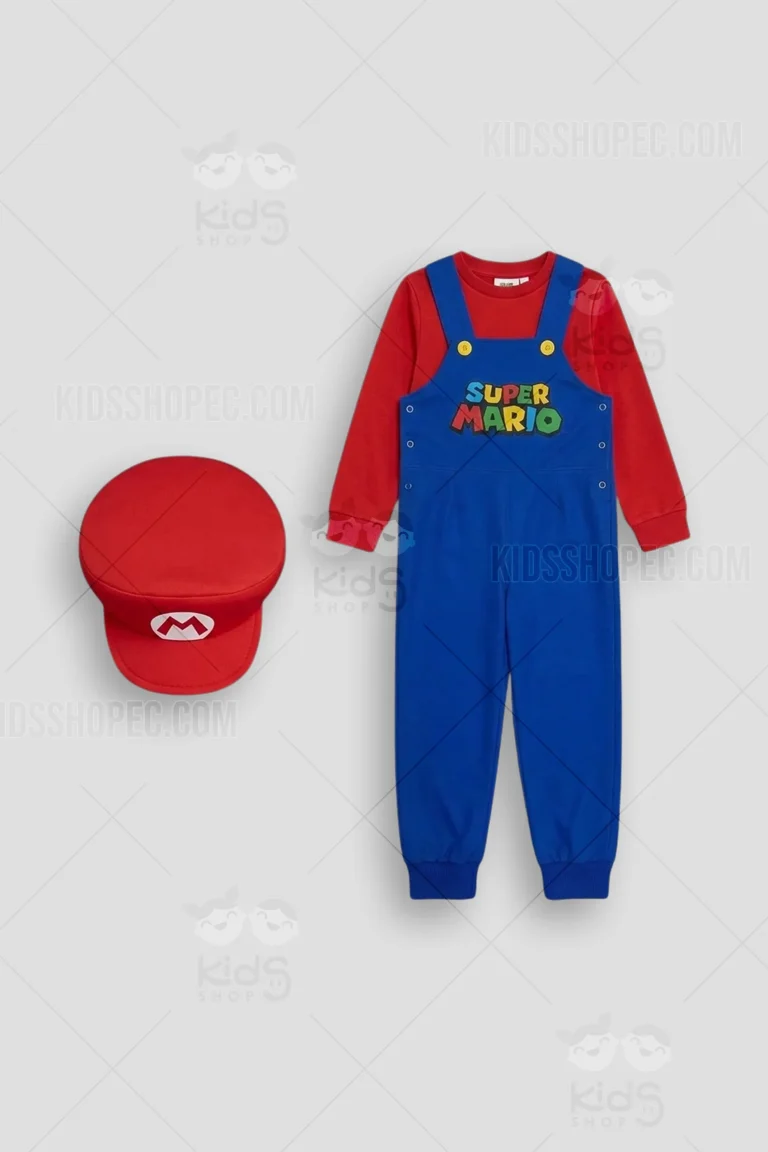 Disfraz de Mario Bros para bebé en color azul y rojo, con jardinera, camiseta y gorra con la 'M' bordada. Esta mudada temática de superhéroe es confeccionada artesanalmente en Ecuador por Kids Shop EC para sesiones fotográficas y cumpleaños.