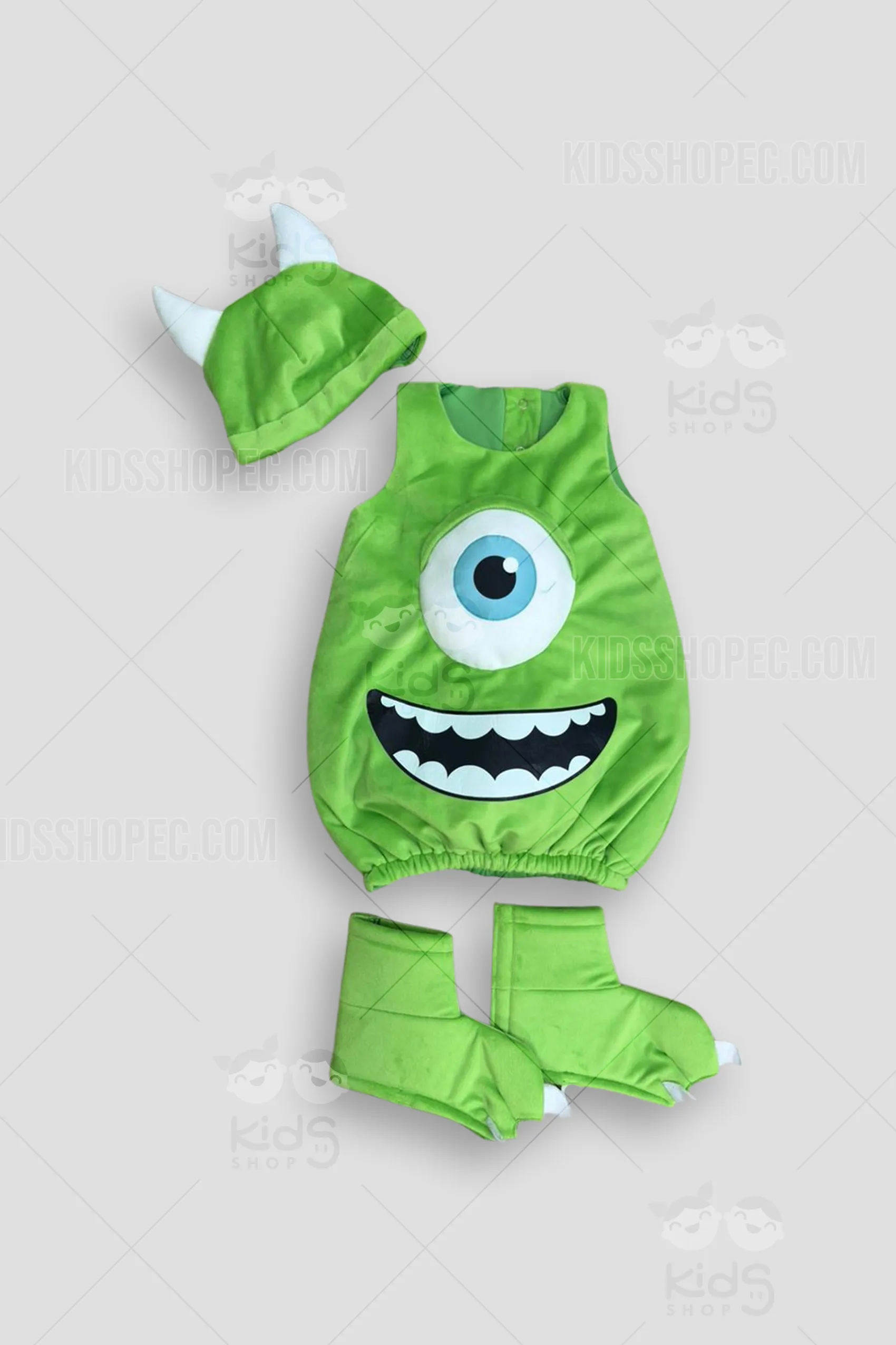 Conjunto de disfraz artesanal de Mike Wazowski para bebé en color verde vibrante. Incluye mameluco acolchado con ojo bordado, gorro con cuernos, camiseta de manga larga y pantalón. Esta mudada temática de Monsters, Inc. es confeccionada a medida en Ecuador por Kids Shop EC para sesiones fotográficas y cumpleaños.