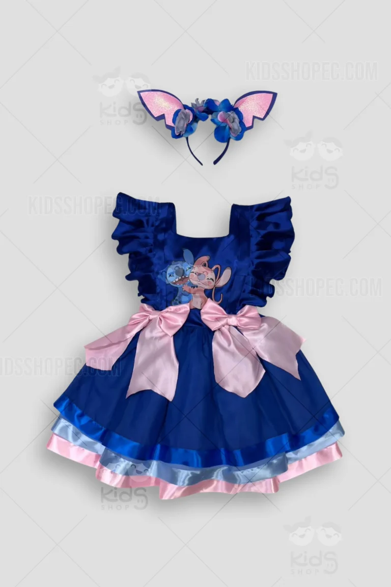 Conjunto artesanal de disfraz de Stitch para bebé niña en color azul y rosa brillante. Incluye vestido de tul multicapa con aplique de cara de Stitch y flor rosa, diadema de orejas estructuradas con lazo y camiseta blanca con orejas de Stitch en las mangas. Hecho a medida por Kids Shop EC en Quito, Ecuador.