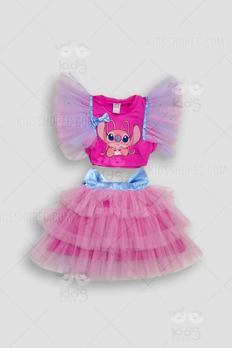 Disfraz artesanal de Angel para niña en color fucsia y celeste brillante. Incluye top con mangas de tul tipo ala, falda de tutú con lazo de satín, diadema de orejas con glitter y lazos decorativos. Confección a medida por Kids Shop EC en Ecuador.
