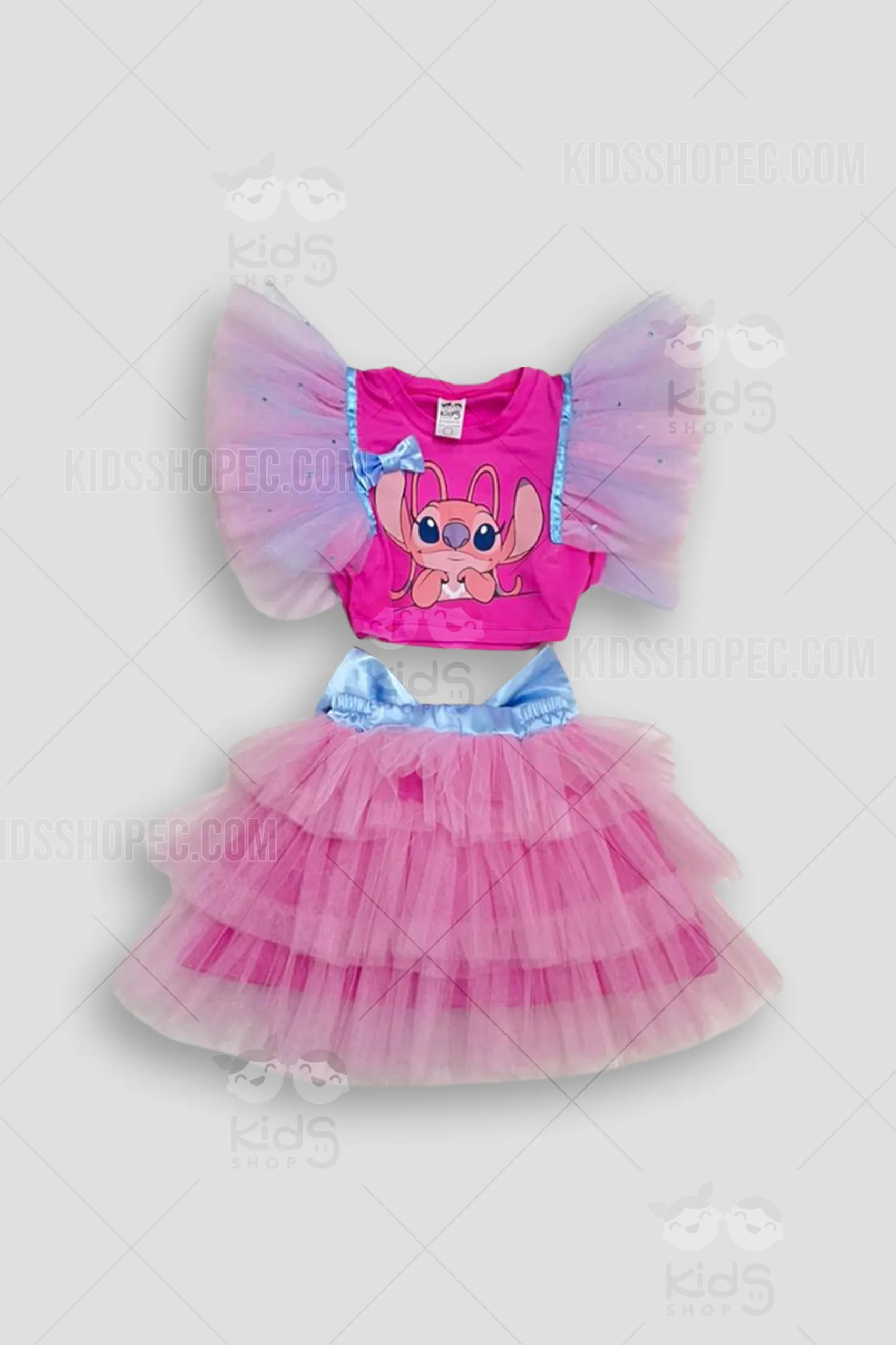 Disfraz artesanal de Angel para niña en color fucsia y celeste brillante. Incluye top con mangas de tul tipo ala, falda de tutú con lazo de satín, diadema de orejas con glitter y lazos decorativos. Confección a medida por Kids Shop EC en Ecuador.