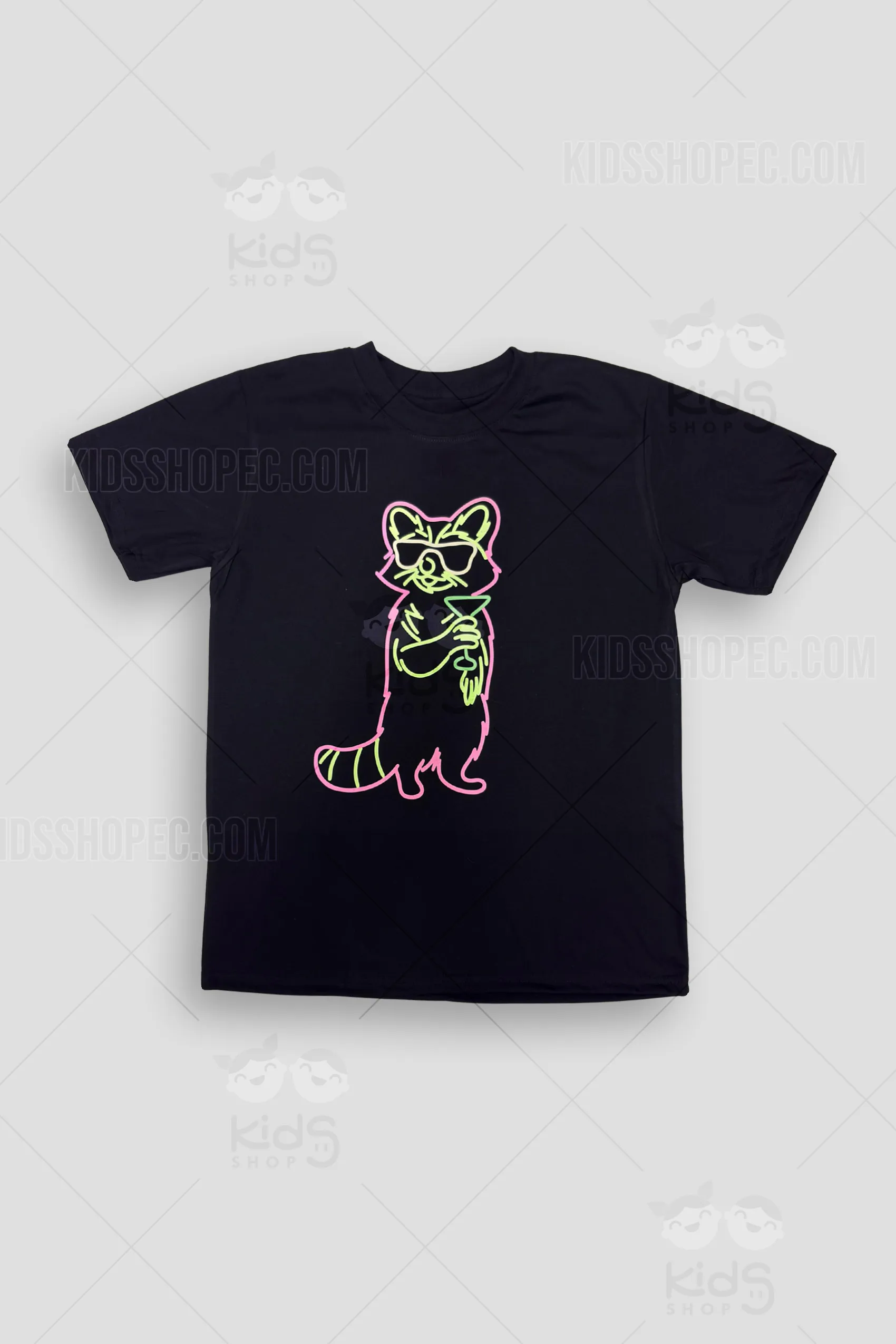 Camisetas Negras con Estampado DTF Neón Fluorescente - Diseños Urbanos: Mapache, Rana Rockera y Rosa - Imagen 3