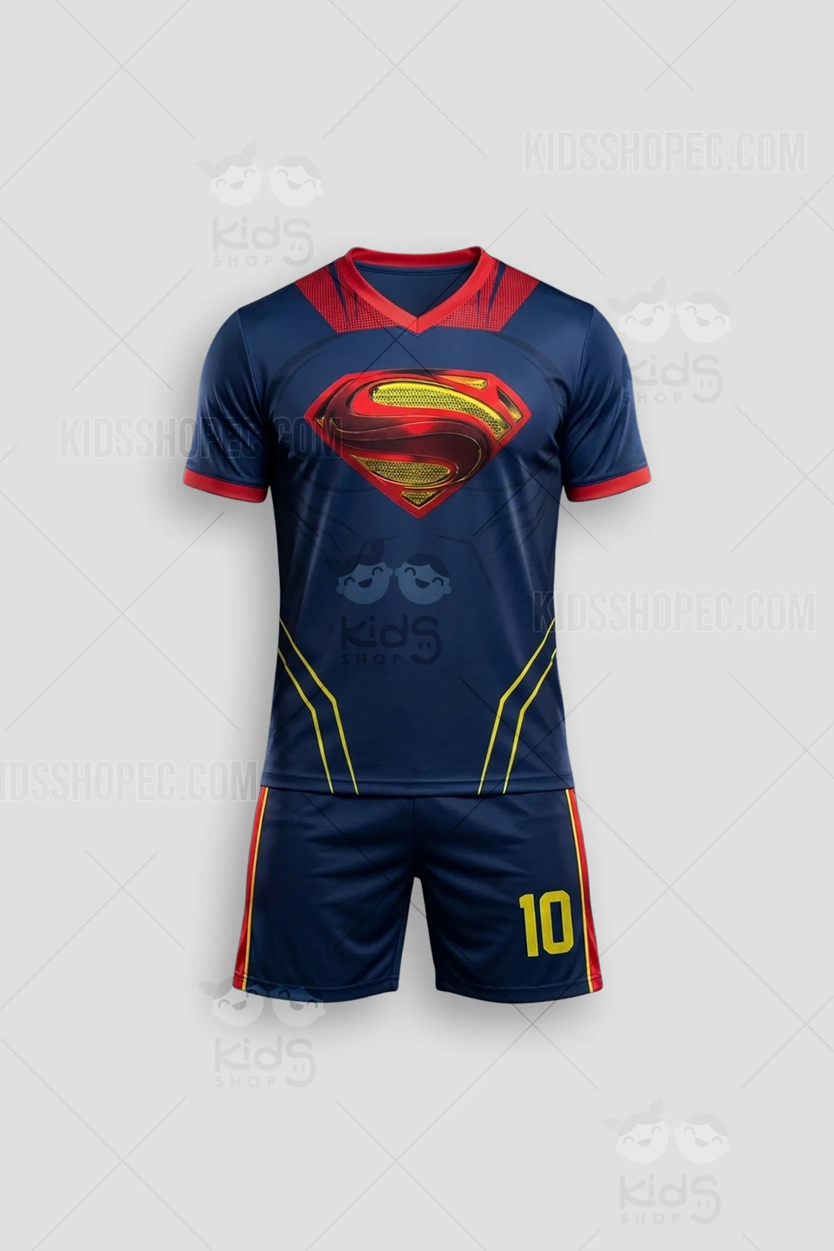 Uniforme de fútbol infantil inspirado en Superman en colores azul real y rojo vibrante. Incluye camiseta técnica con escudo de la "S" sublimado en alta definición, pantaloneta roja coordinada y medias deportivas de alta resistencia. Confección profesional por Kids Shop EC / Winma Sports.