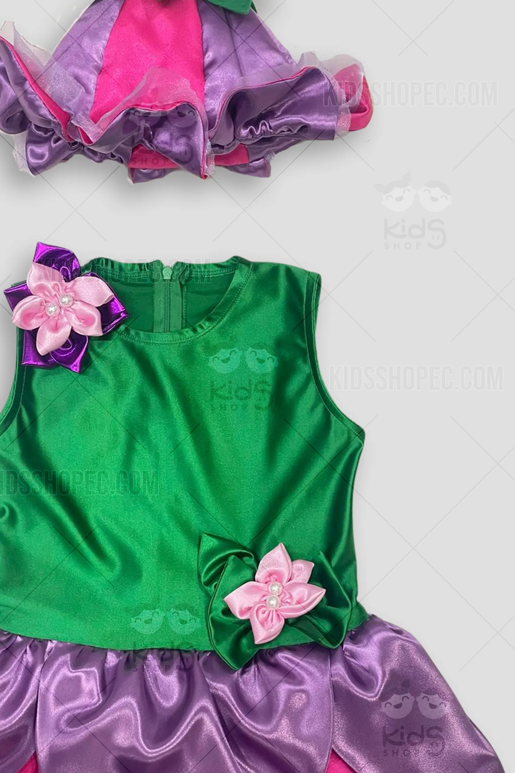 Disfraz de Hada del Bosque para Niña: Vestido de Pétalos en Satín y Gorrito de Flor - Imagen 2