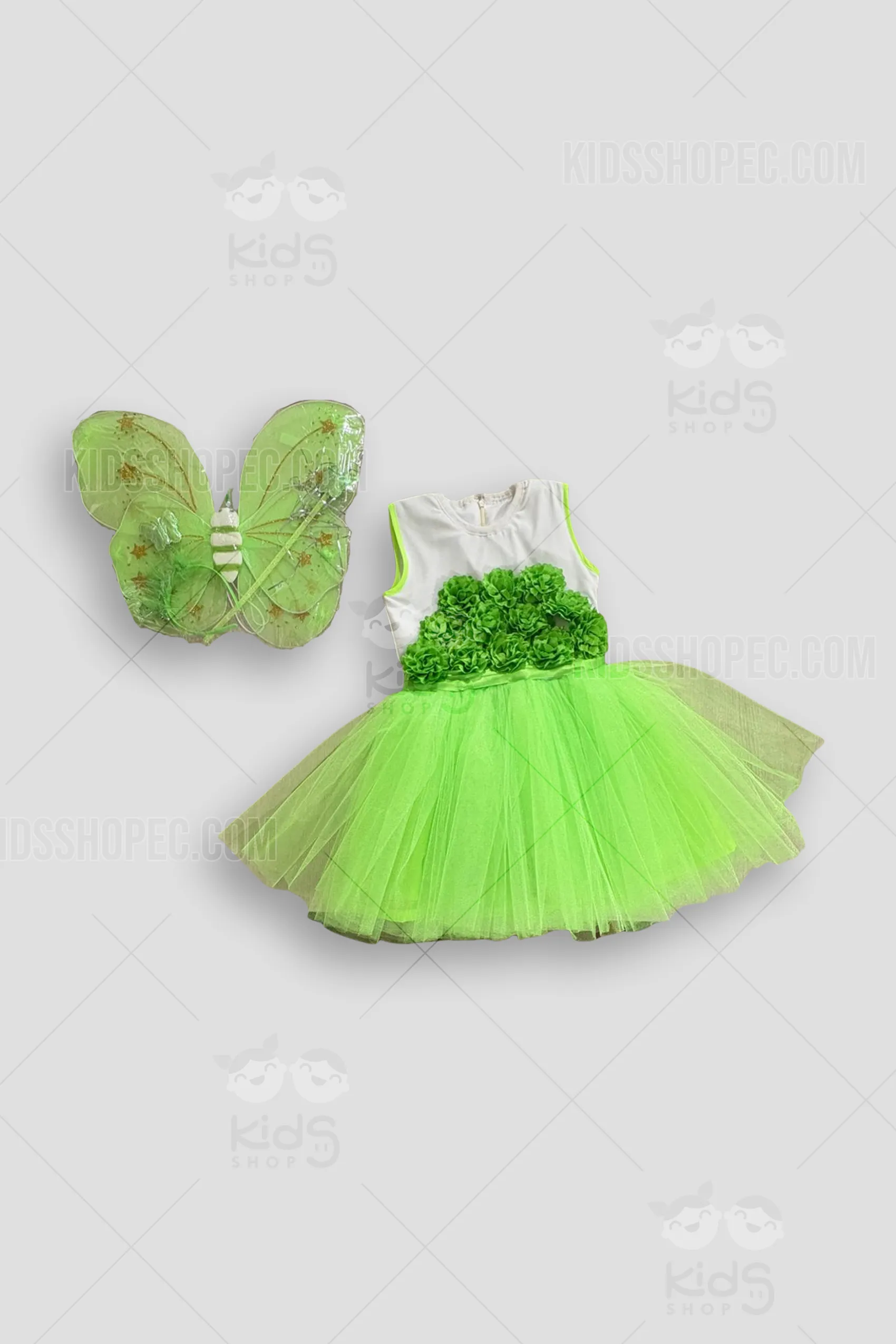 Disfraz artesanal de mariposa para niña en color multicolor brillante. Incluye vestido de tutú multicapa con corpiño de terciopelo y aplique de mariposa, grandes alas de mariposa coordinadas y diadema elástica con antenas y adornos de tul y brillos. Hecho a medida por Kids Shop EC en Quito, Ecuador.