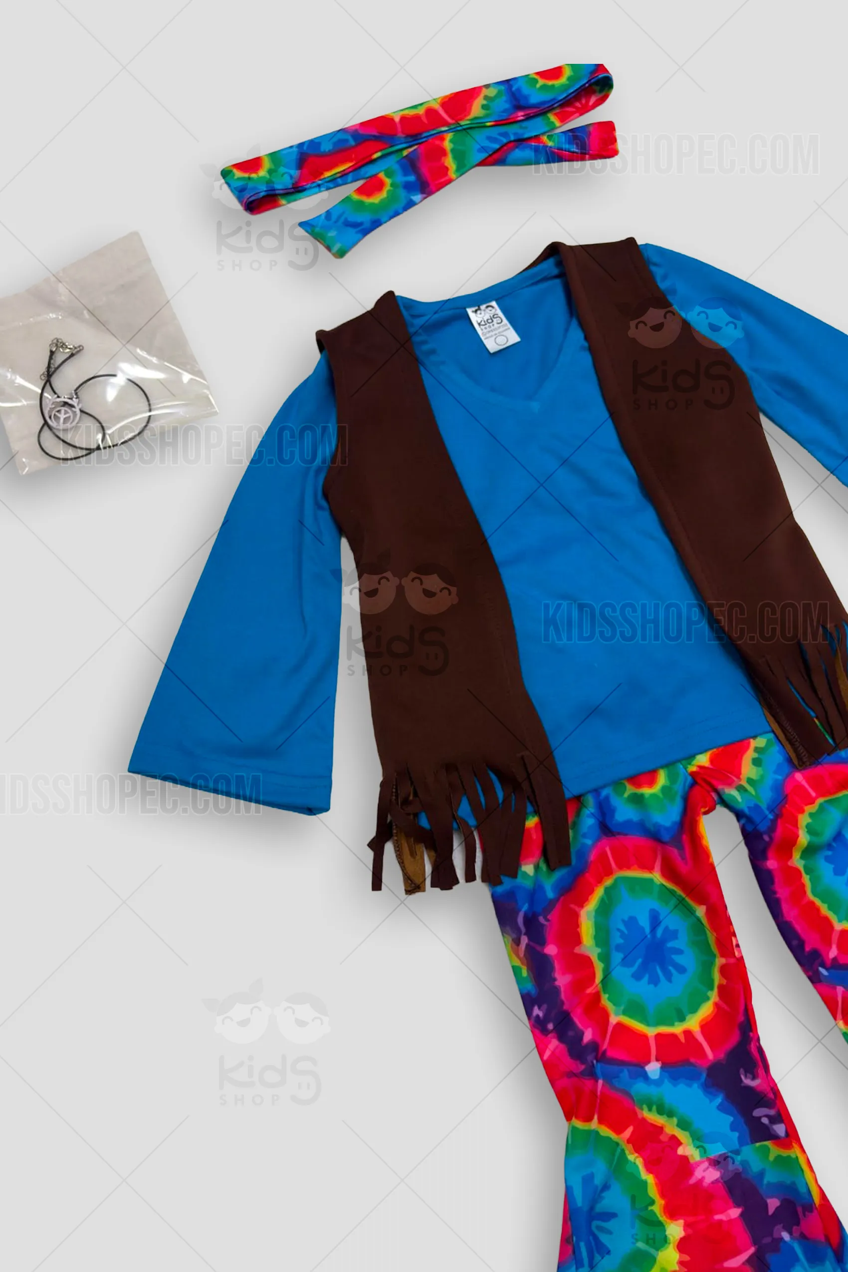 Disfraz Hippie Retro para Niños - Conjunto 5 Piezas con Pantalón Acampanado Tie-Dye y Accesorios - Imagen 2