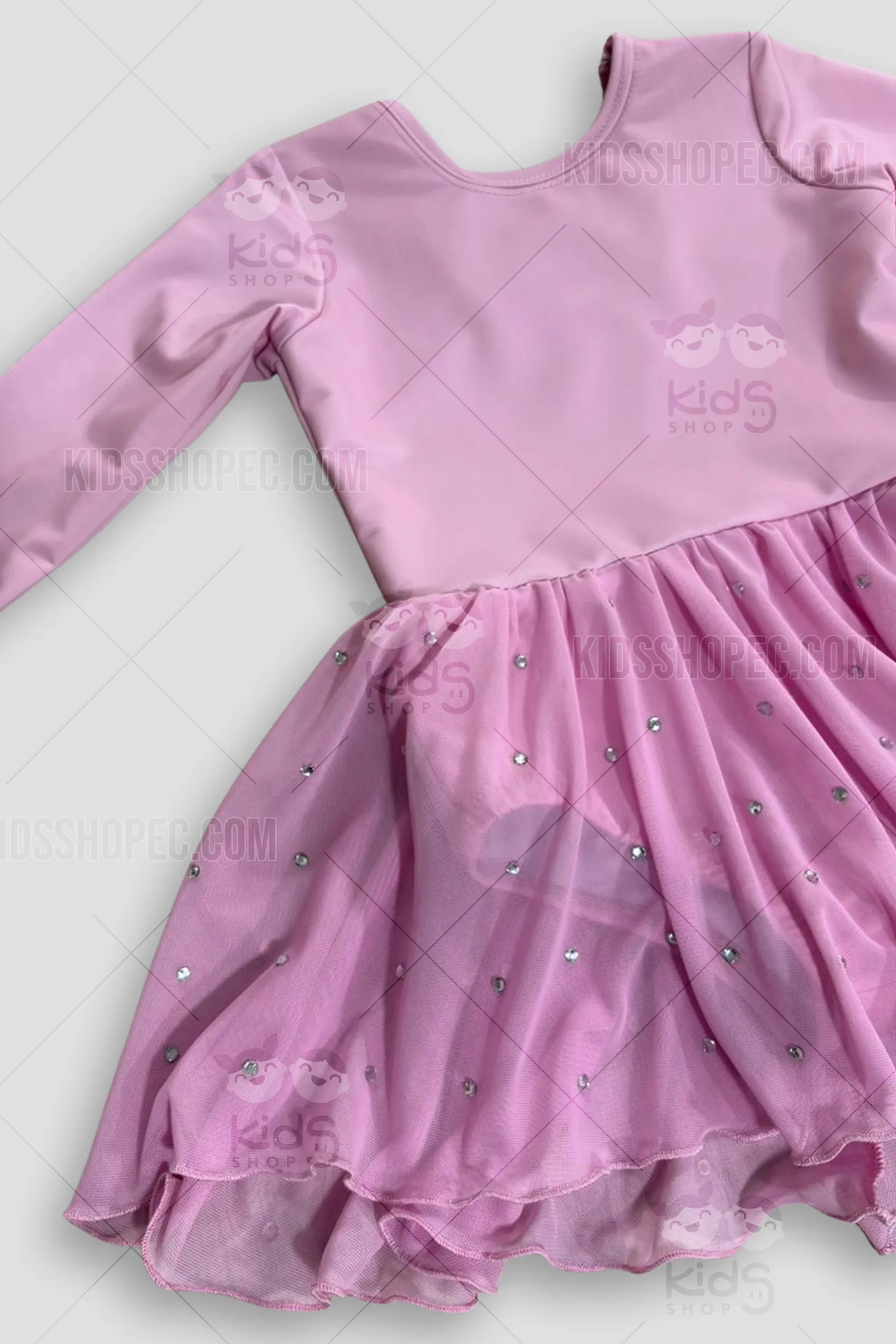 Vestido de Bailarina Rosa Pastel con Manga Larga - Espalda Cruzada y Falda con Cristales - Imagen 5