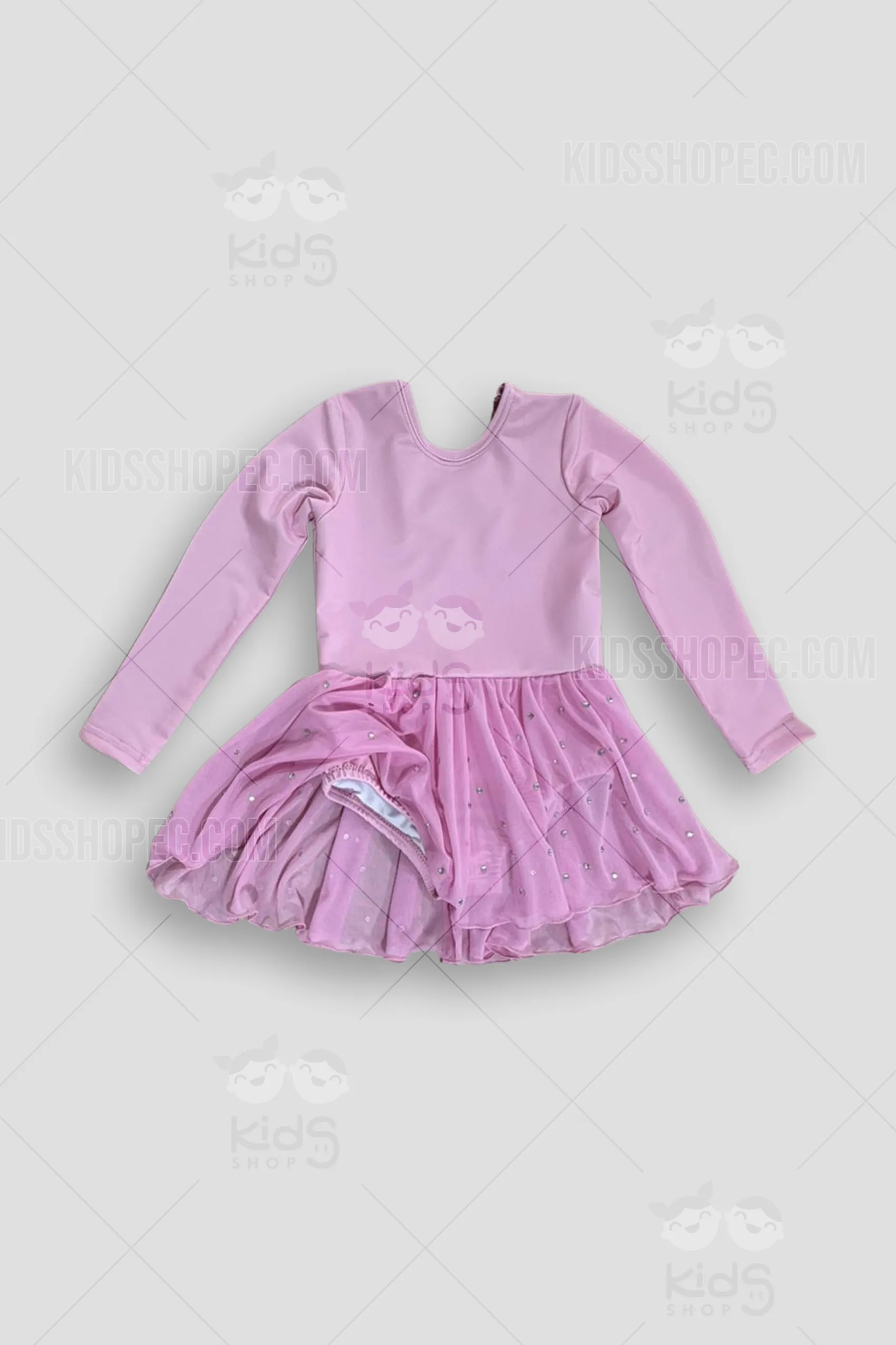 Vestido de Bailarina Rosa Pastel con Manga Larga - Espalda Cruzada y Falda con Cristales - Imagen 3