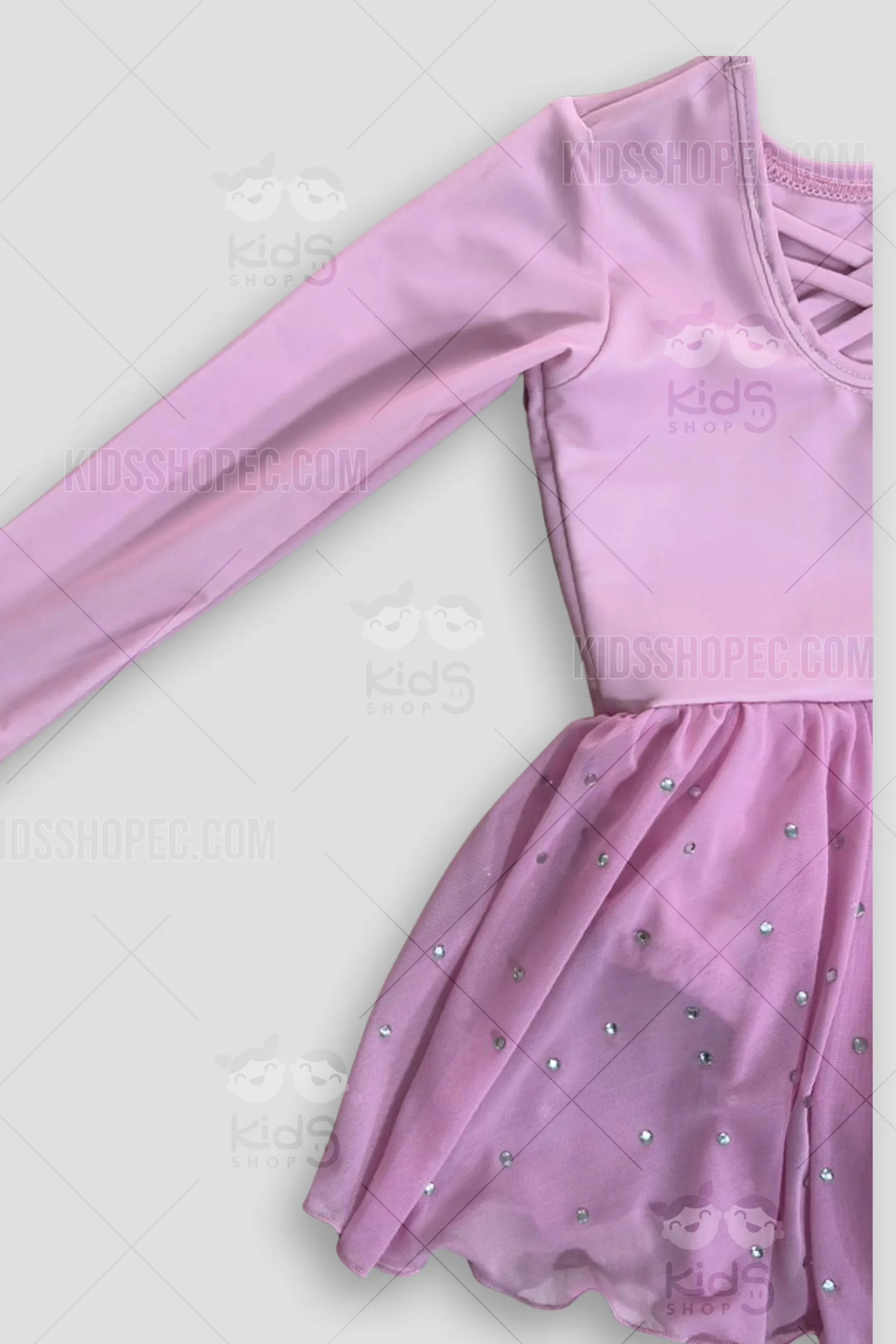 Vestido de Bailarina Rosa Pastel con Manga Larga - Espalda Cruzada y Falda con Cristales - Imagen 4