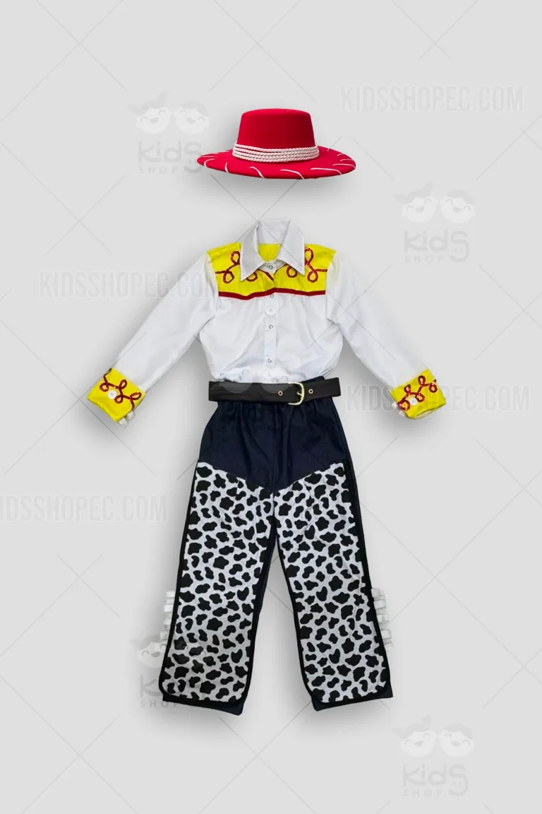 Fotografías de un disfraz infantil de vaquerita tipo Jessie compuesto por tres piezas. Incluye una camisa blanca de manga larga con detalles en amarillo brillante y un diseño de lazo rojo en el canesú y puños, con grandes botones blancos decorativos. Un pantalón tipo chaps (zahones) que combina tela azul oscuro en la parte superior con tela estampada de manchas de vaca en blanco y negro en las piernas. Un sombrero rojo clásico de vaquero con un cordón decorativo blanco alrededor del ala. Fondo gris claro con marcas de agua de Kids Shop EC.