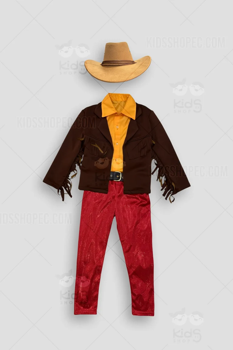 Collage de imágenes detalladas de un disfraz de sheriff vaquero para niño sobre un fondo gris claro con marcas de agua de Kids Shop EC. Muestra el traje completo puesto en un maniquí con sombrero café de fieltro, camisa de cuadros azul y blanca de manga corta con detalles azul marino, chaleco café de ante sintético con insignia de estrella de sheriff de 6 puntas y texto 'SHERIFF', pantalones café con estampado de piel de vaca sintética en bolsillos y basta etiquetados 'RANGO', y cinturón decorado con hebilla plateada y decoraciones de balas.