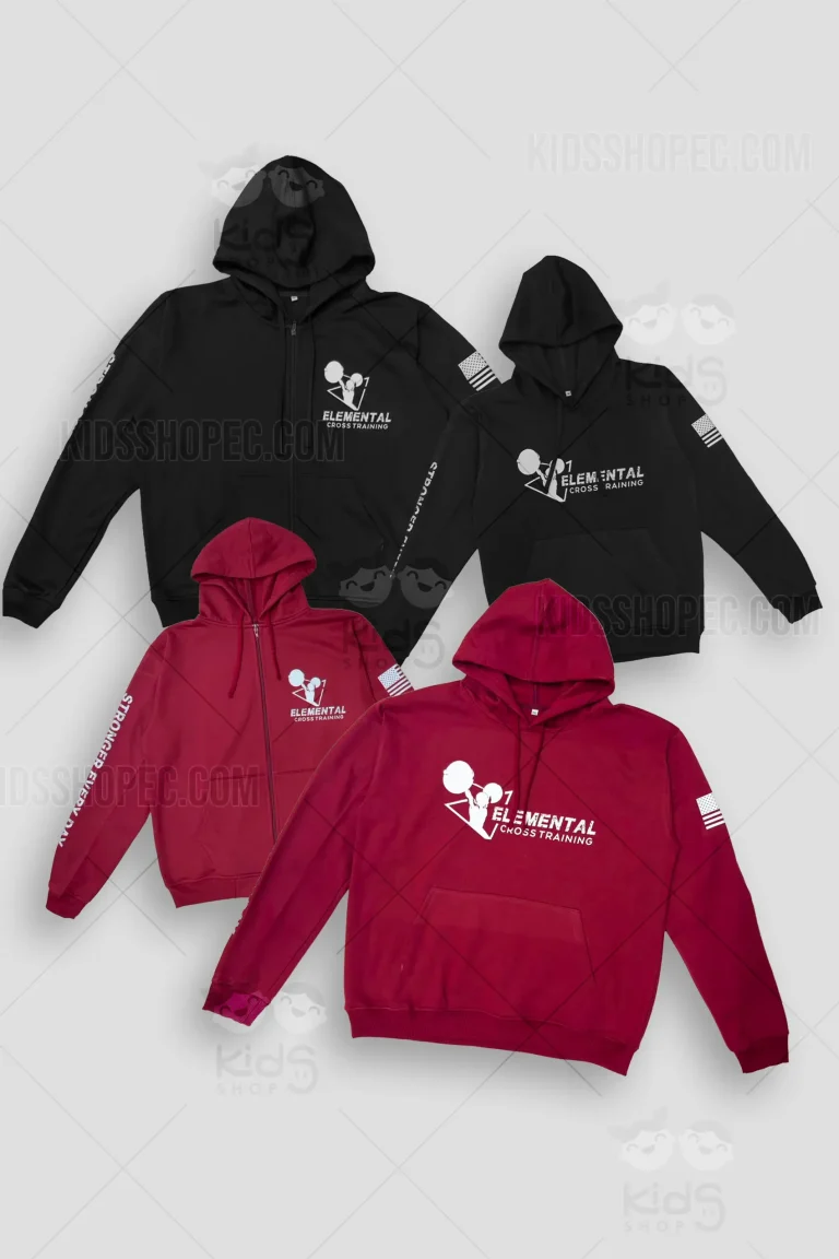 Fotografías de estudio en formato flat lay de buzos estilo hoodie con capucha en colores negro y rojo, presentados en versiones cerradas y con cremallera frontal. Tanto en el pecho como en la espalda destacan logotipos en color blanco que muestran la silueta de un atleta levantando pesas dentro de un triángulo con el número 7, acompañados del texto "ELEMENTAL CROSS TRAINING" en tipografía estilo desgastada. Las mangas presentan el texto vertical "STRONGER EVERY DAY" y un parche impreso con el diseño monocromático de una bandera.
