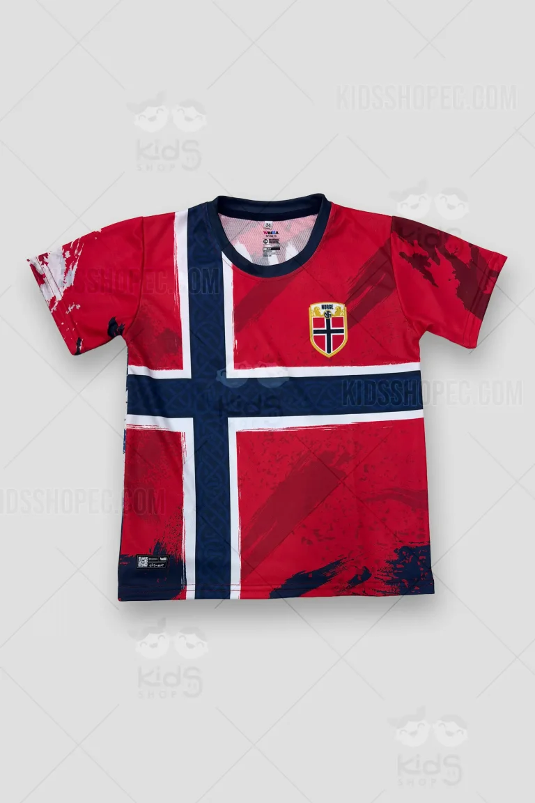 Fotografías de estudio en formato flat lay de una camiseta deportiva de manga corta de edición fanático. La parte frontal presenta un fondo rojo con una cruz en azul marino y blanco estilo brochazo, simulando la bandera de Noruega, junto al escudo de la selección nacional en el pecho. La parte posterior exhibe un diseño abstracto y urbano con manchas en rojo, blanco y azul marino, resaltando una ilustración realista del jugador Erling Haaland de perfil luciendo el dorsal número 9 celeste. El diseño trasero se corona con el texto "HAALAND" en tipografía rústica blanca y la firma del jugador en la zona inferior derecha.