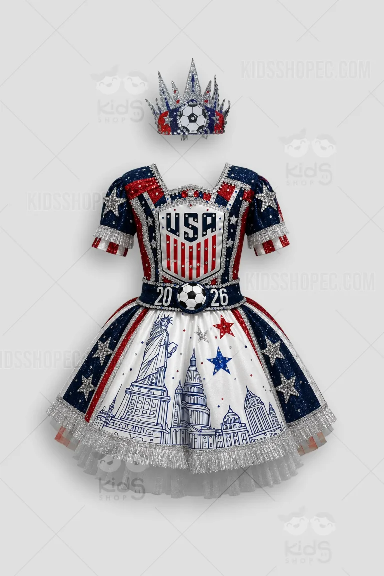 Fotografías de estudio en formato flat lay de un elaborado vestido infantil que fusiona la temática de Estados Unidos con el fútbol. La prenda presenta un corpiño brillante en rojo, blanco y azul con pedrería y un gran escudo frontal con las letras "USA". El cinturón azul incluye los números "20" y "26" separados por un balón de fútbol tridimensional. La falda frontal es blanca y luce gráficos de la Estatua de la Libertad, el Capitolio y rascacielos, rodeados de estrellas plateadas y rojas, rematada con flecos plateados y tul. La espalda tiene un escote en "U" y un enorme lazo a rayas con otro balón en el centro. Incluye una corona plateada brillante adornada con un balón y detalles patrióticos.