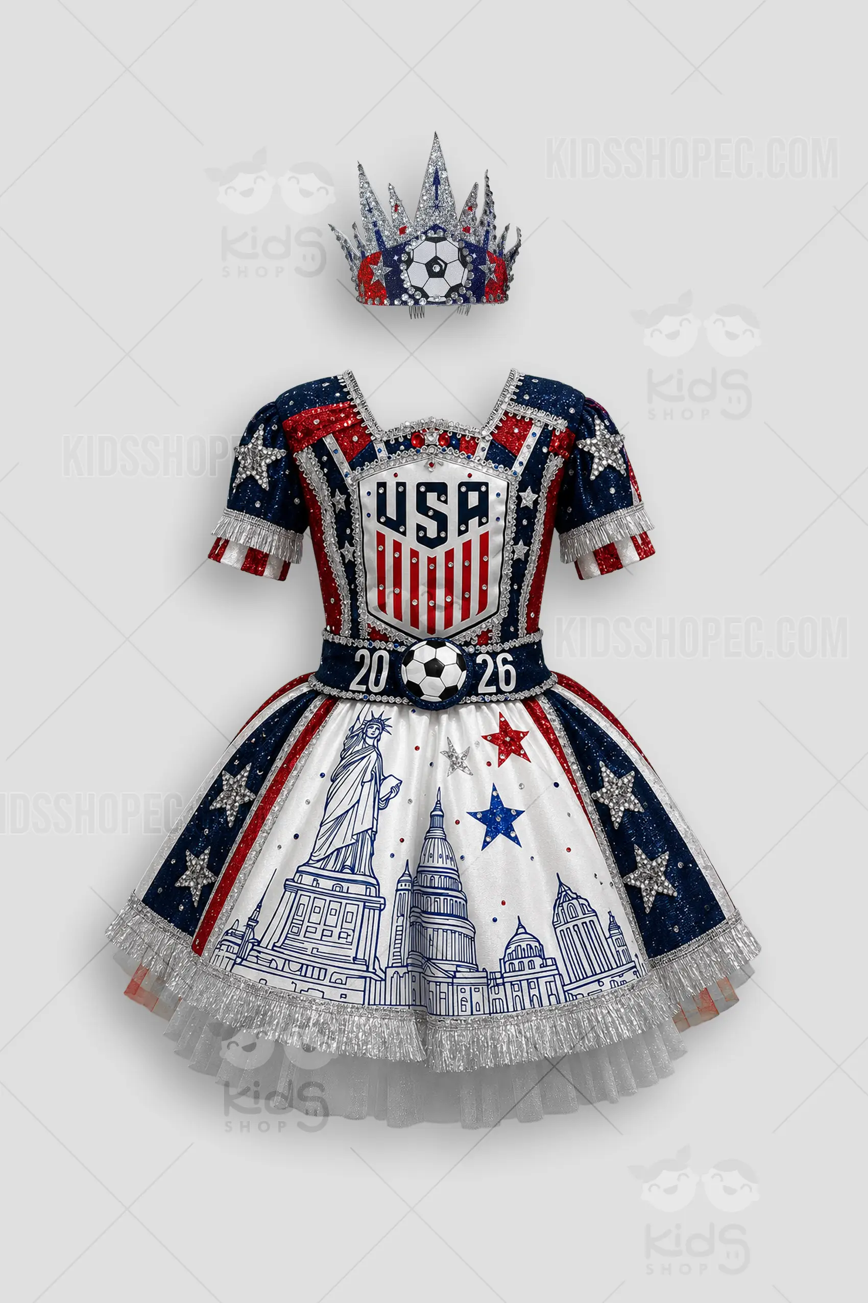 Fotografías de estudio en formato flat lay de un elaborado vestido infantil que fusiona la temática de Estados Unidos con el fútbol. La prenda presenta un corpiño brillante en rojo, blanco y azul con pedrería y un gran escudo frontal con las letras "USA". El cinturón azul incluye los números "20" y "26" separados por un balón de fútbol tridimensional. La falda frontal es blanca y luce gráficos de la Estatua de la Libertad, el Capitolio y rascacielos, rodeados de estrellas plateadas y rojas, rematada con flecos plateados y tul. La espalda tiene un escote en "U" y un enorme lazo a rayas con otro balón en el centro. Incluye una corona plateada brillante adornada con un balón y detalles patrióticos.