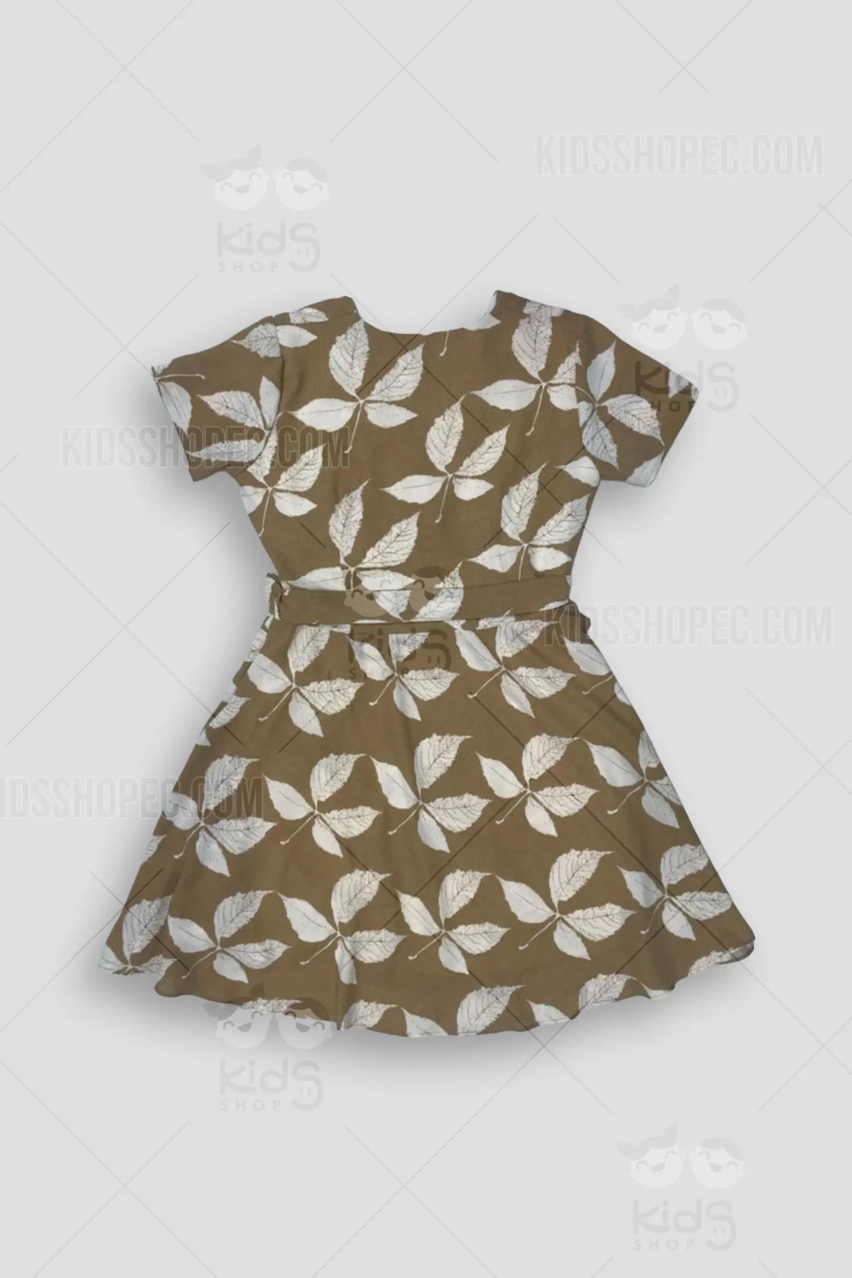 Vestido Marrón con Patrón Botánico de Hojas - Prenda Casual con Cinturón y Cuello en V - Imagen 3