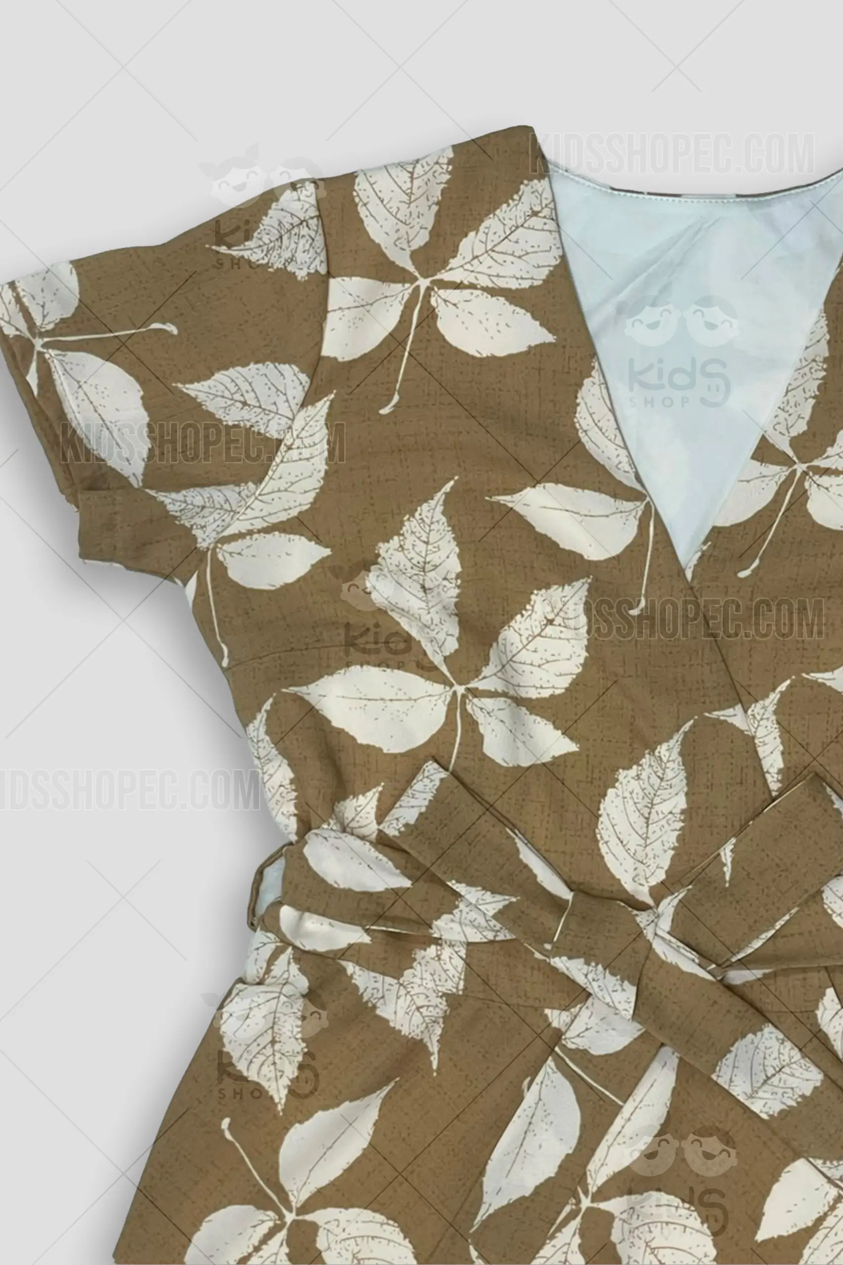 Vestido Marrón con Patrón Botánico de Hojas - Prenda Casual con Cinturón y Cuello en V - Imagen 2