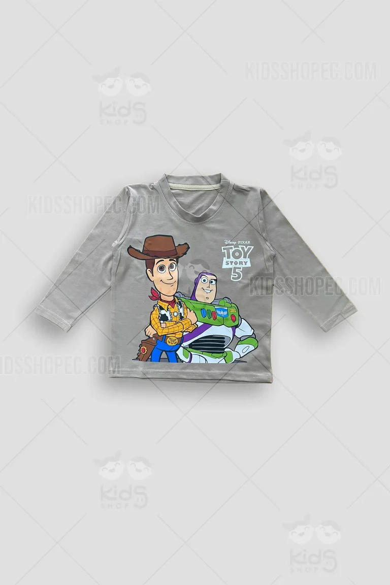 Fotografías de estudio en formato flat lay de un buzo infantil de manga larga en color gris sólido con cuello redondo. En la parte frontal presenta un gran estampado a todo color de los personajes animados Woody y Buzz Lightyear, acompañados por el logotipo "Disney Pixar Toy Story 5". La parte posterior es totalmente lisa, destacando únicamente una pequeña etiqueta decorativa negra en el dobladillo inferior derecho.